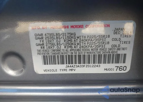 2015 Mitsubishi Outlander Se from USA, damaged, VIN JA4AZ3A33FZ012243